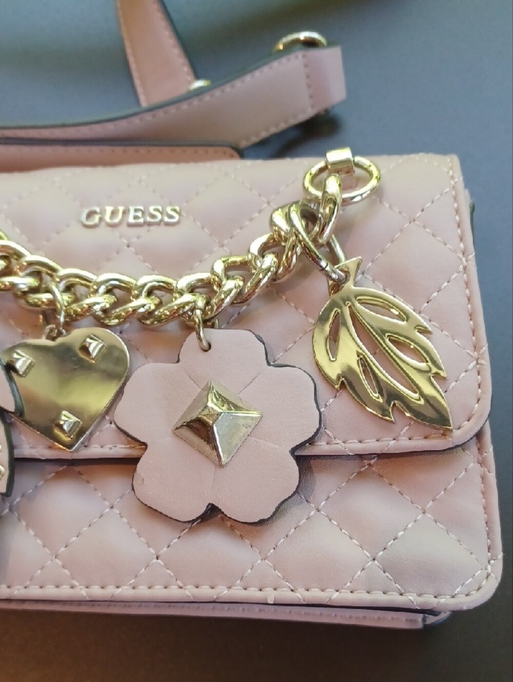 GUESS Pink Quilted Crossbody with Gold Charm Chain - Picture 3 of 10